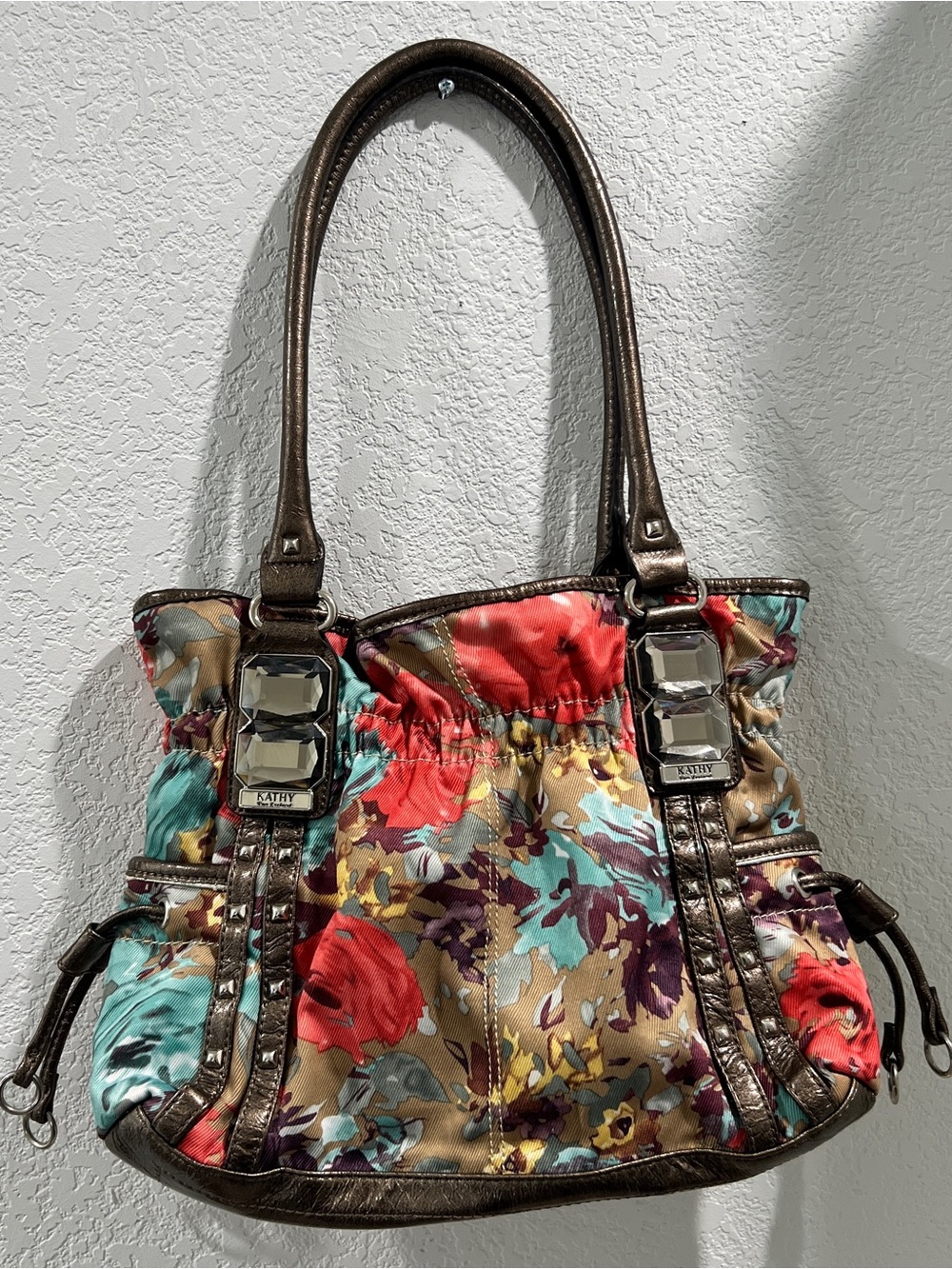 Kathy Van Zeeland Floral Multicolor Tote Women’s Bag with Metallic Brown Trim